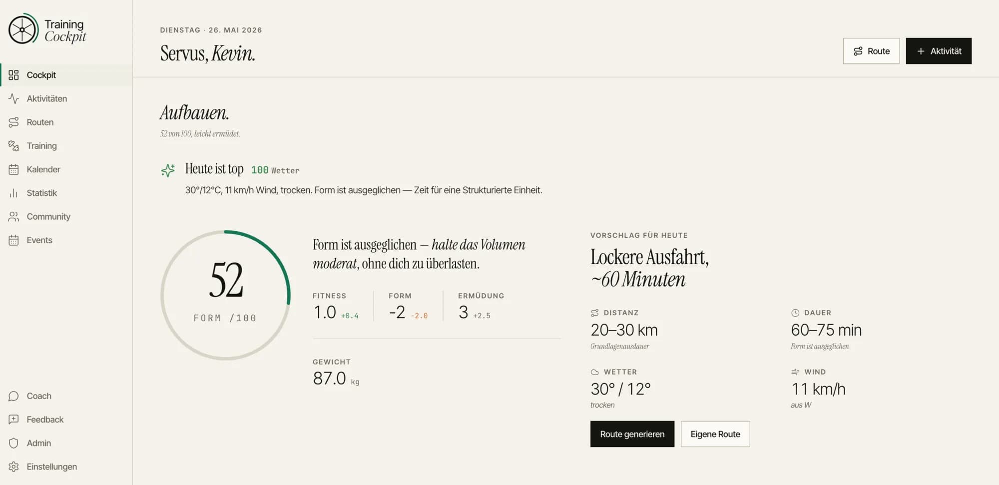 Training Cockpit Dashboard — Form, Tagesempfehlung und Trainingsbelastung